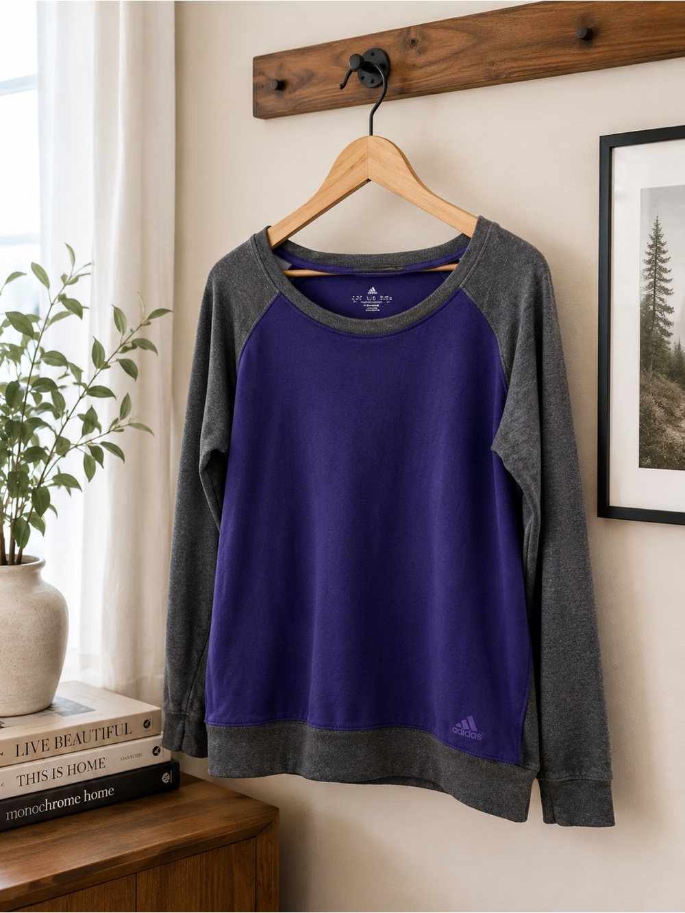 adidas Climate Cotton Purple Gray Raglan Sweatshirt Women’s Large Athleisure